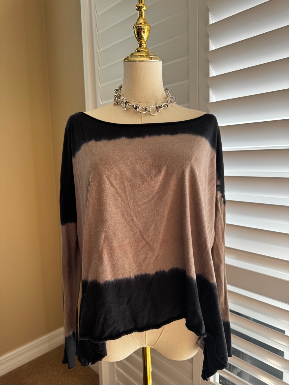 We The Free Black and Taupe Tie-Dye Boatneck Long Sleeve Top